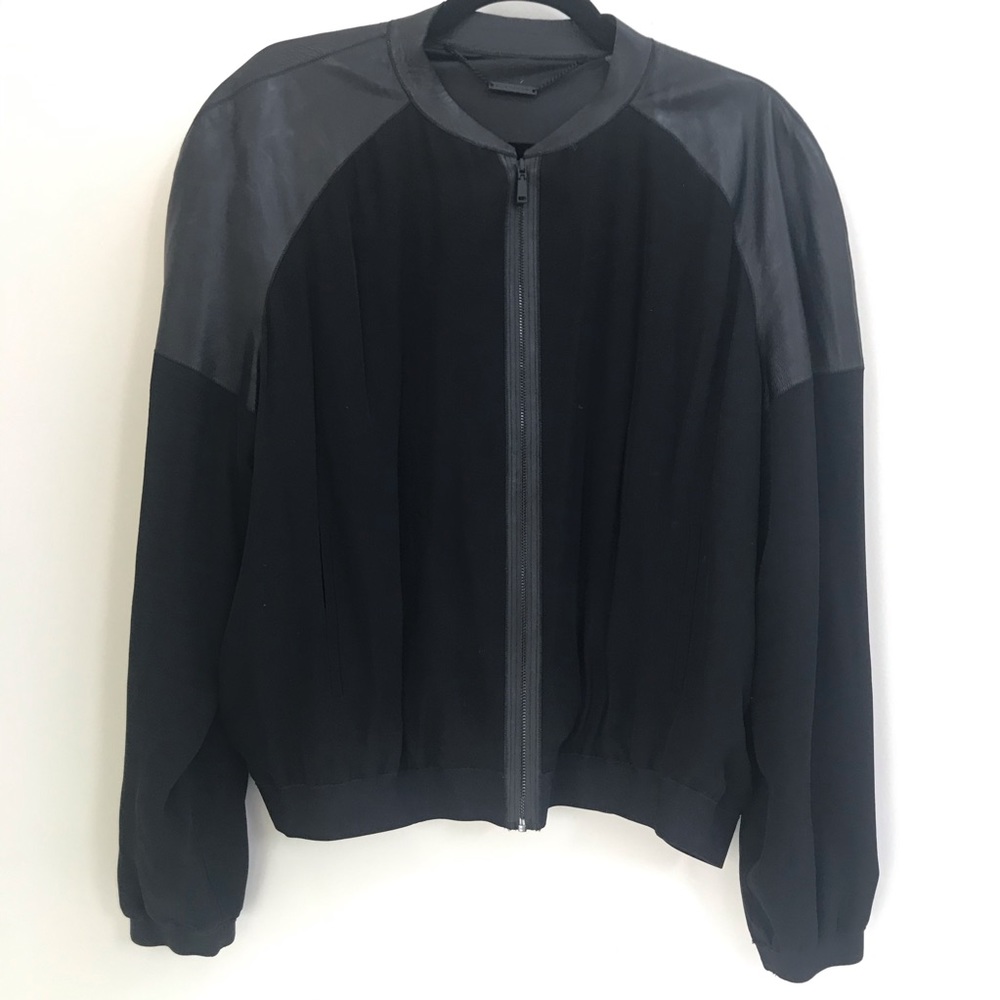 Elie Tahari Leather and Silk Bomber Jacket